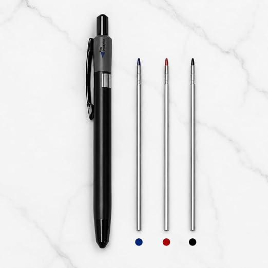 Ballpen Bazaar  Ballpen Bazaar 3 in 1 Multi Ink Matt Black Ball Pen with Black Clip | Click Mechanism | Blue, Black & Red Ink | 3 Free Refills | Pack of 1 with Name Engraving
