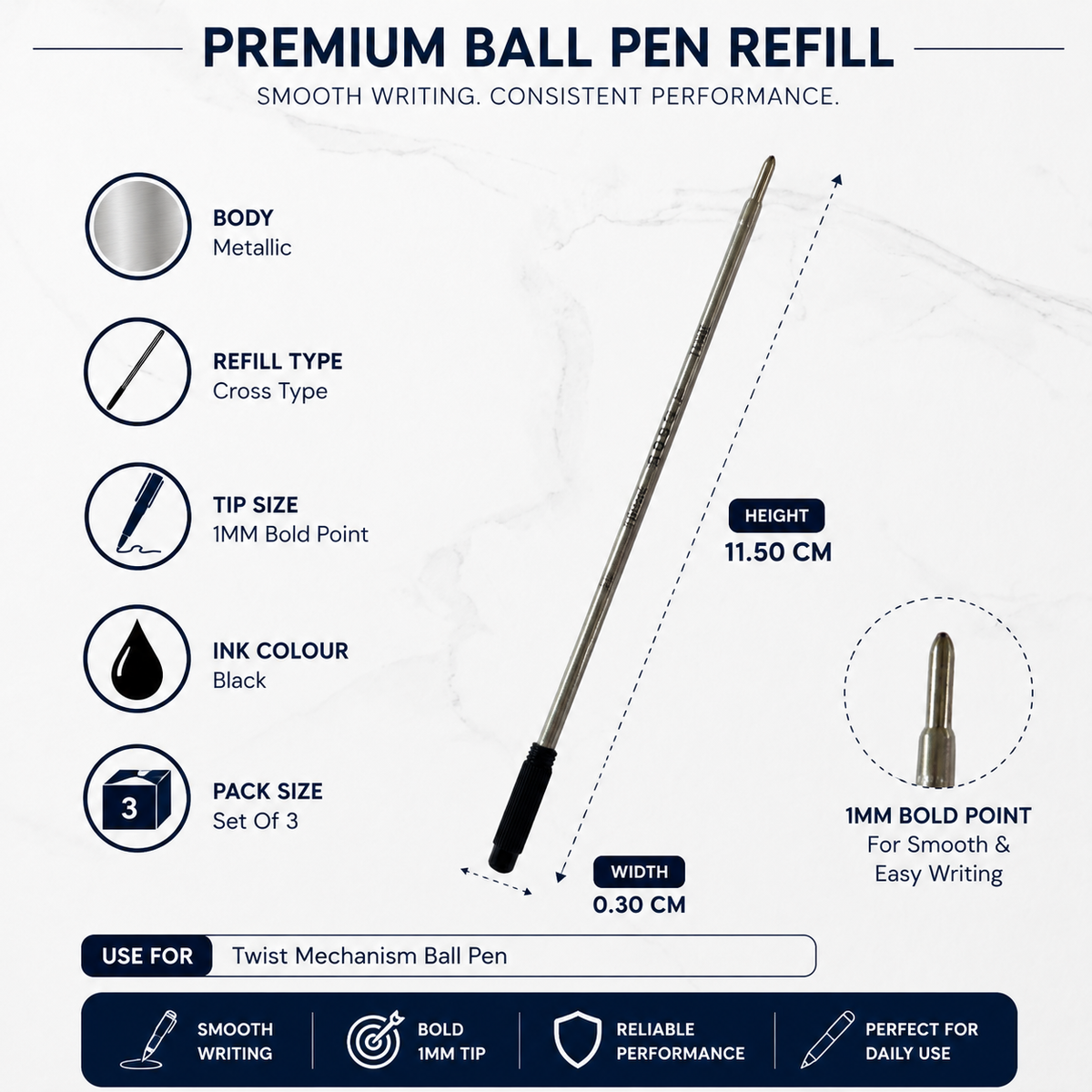 Cross-compatible 1 mm black ink refill for compatible ball pens
