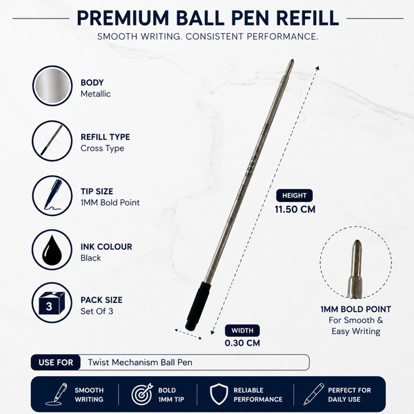 Ballpen Bazaar  Ballpen Bazaar Cross Compatible 1 MM Black Ink Refills Pack of 3 | Smooth Writing Metal Pen Replacement Refills with Name Engraving