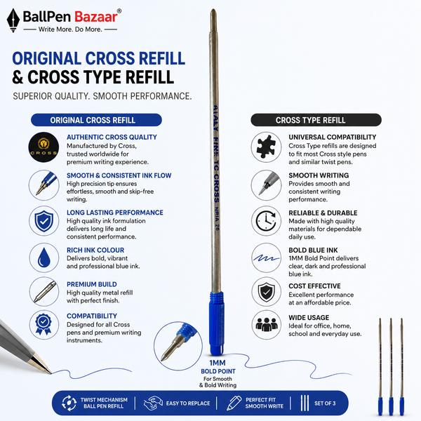 Ballpen Bazaar  Ballpen Bazaar Cross Compatible 1 MM Blue Ink Refill Set of 4 | Smooth Writing Ball Pen Refills | Long Lasting Blue Ink Replacement with Name Engraving