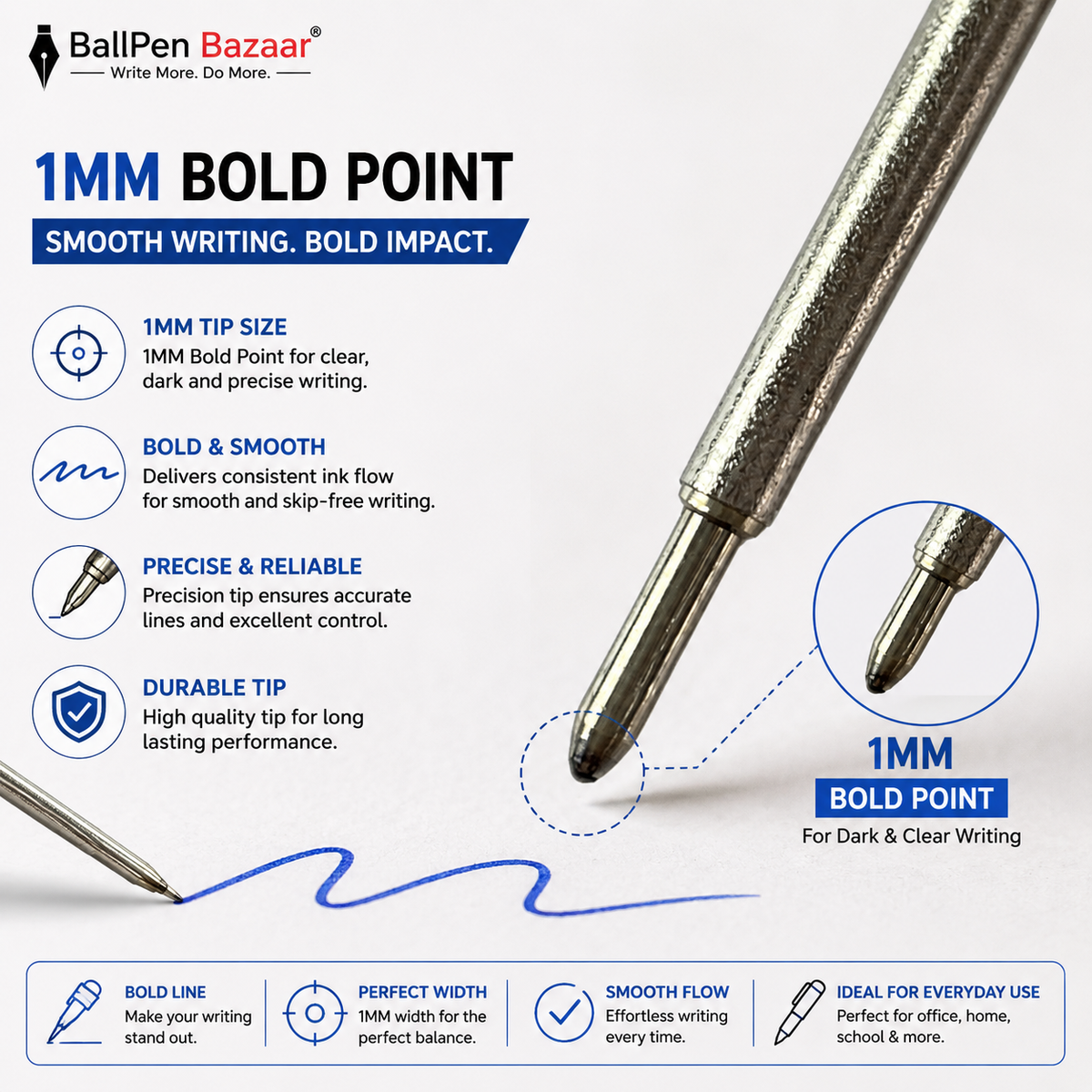 Cross-compatible 1 mm blue ink refill for compatible ball pens
