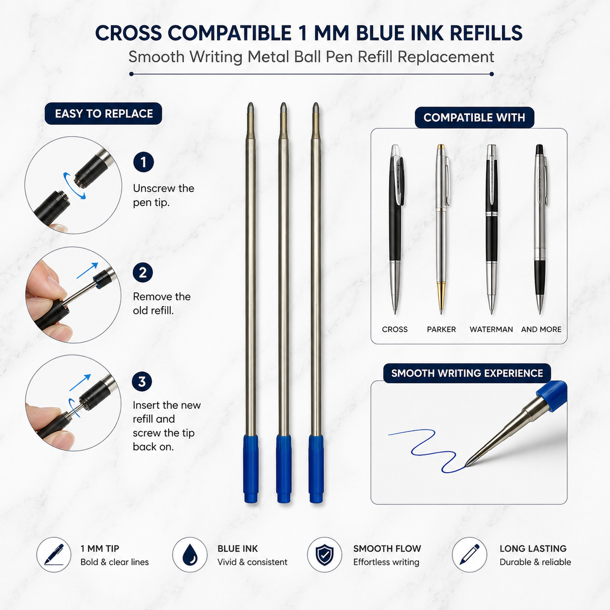 Ballpen Bazaar  Ballpen Bazaar Cross Compatible 1mm Blue Ink Refills Pack of 3 | Smooth Writing Metal Pen Refill Replacement with Name Engraving