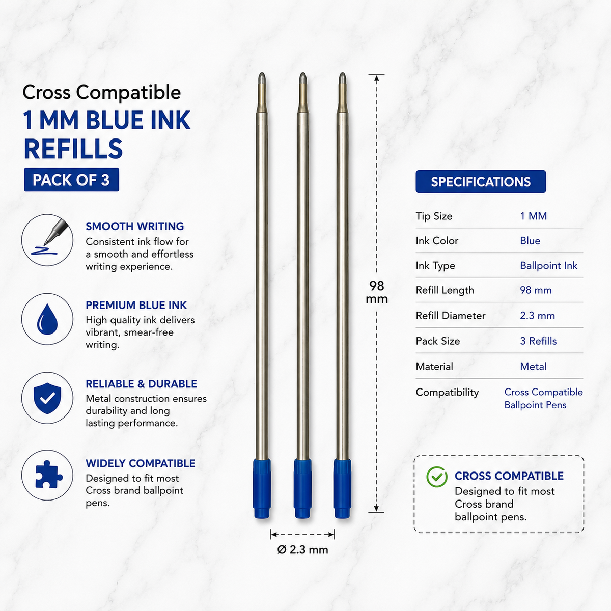 Ballpen Bazaar  Ballpen Bazaar Cross Compatible 1mm Blue Ink Refills Pack of 3 | Smooth Writing Metal Pen Refill Replacement with Name Engraving