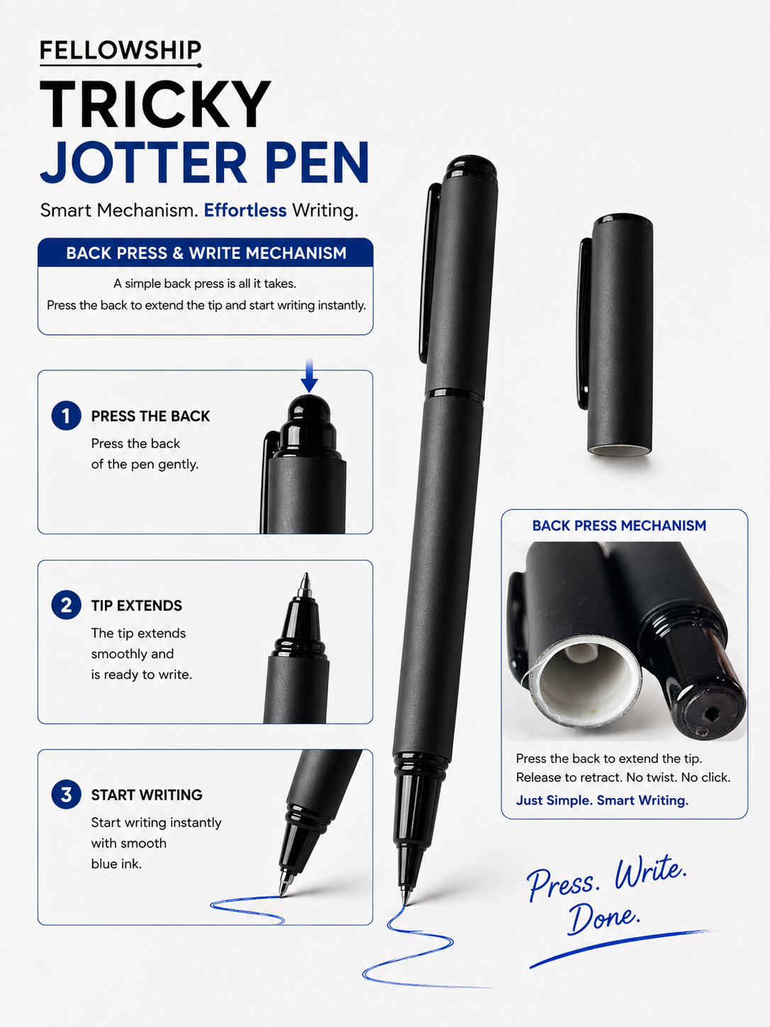 Ballpen Bazaar  Ballpen Bazaar Fellowship Tricky Jotter Matt Full Black Ball Pen with Black Cap | Press Click Mechanism | Blue Ink | 1 Pen + 1 Extra Refill with Name Engraving