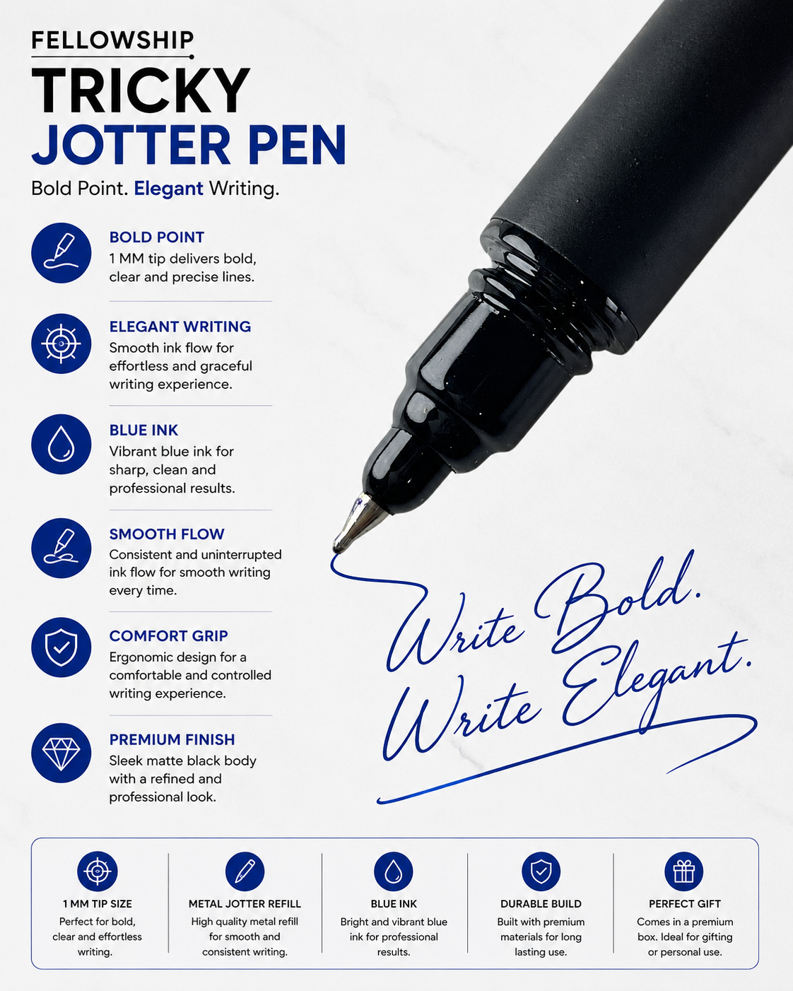 Ballpen Bazaar  Ballpen Bazaar Fellowship Tricky Jotter Matt Full Black Ball Pen with Black Cap | Press Click Mechanism | Blue Ink | 1 Pen + 1 Extra Refill with Name Engraving