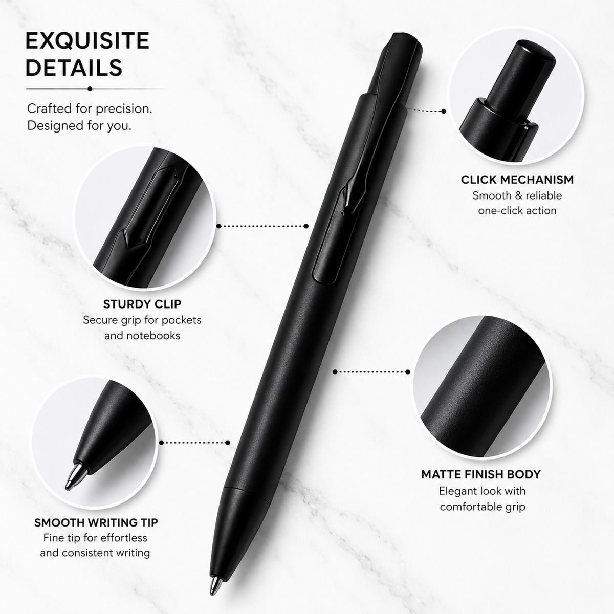 Ballpen Bazaar  Ballpen Bazaar Matt Black Ball Pen Set of 2 with Glossy Black Clip Click Mechanism Blue Ink Includes 2 Extra Refills with Name Engraving
