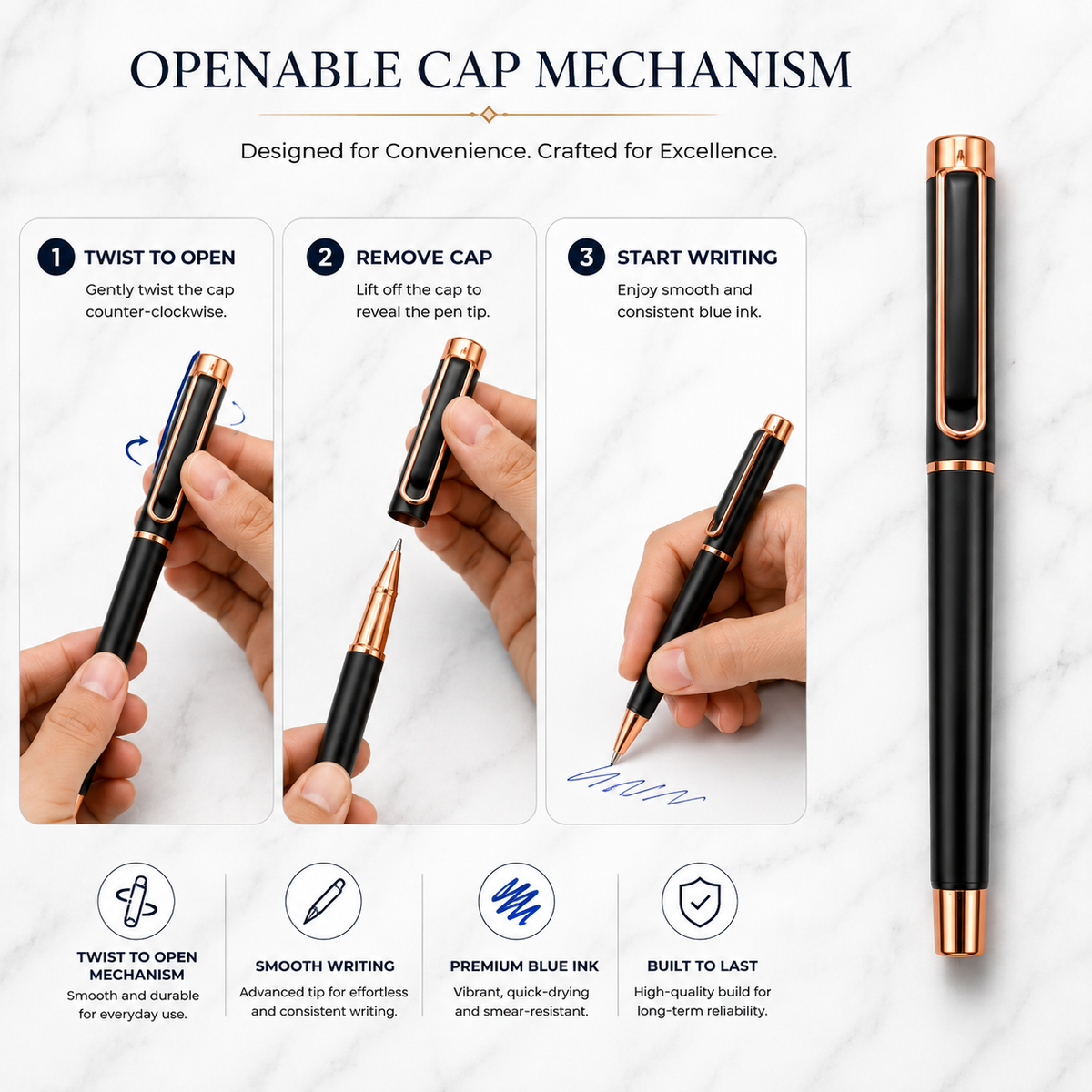 Ballpen Bazaar  Ballpen Bazaar Matt Black Ball Pen with Black Cap & Copper Clip | Openable Metal Ball Pen | Blue Ink | 1 Pen with 1 Extra Blue Refill | Premium Executive Writing Pen with Name Engraving