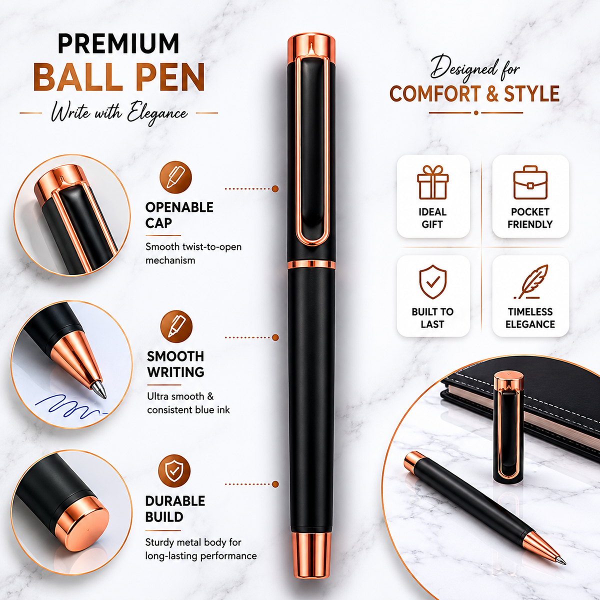 Ballpen Bazaar  Ballpen Bazaar Matt Black Ball Pen with Black Cap & Copper Clip | Openable Metal Ball Pen | Blue Ink | 1 Pen with 1 Extra Blue Refill | Premium Executive Writing Pen with Name Engraving