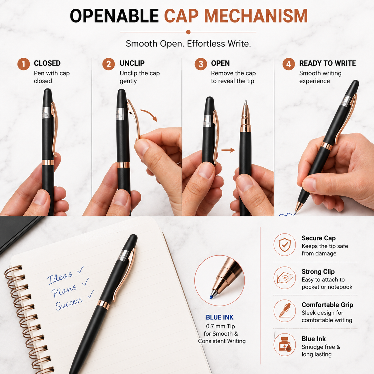 Ballpen Bazaar  Ballpen Bazaar Matt Black Ball Pen with Black Cap & Copper Clip | Openable Metal Ball Pen | Blue Ink | 1 Pen with 1 Extra Blue Refill | Premium Writing Pen with Name Engraving
