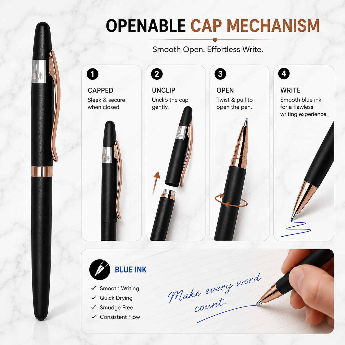 Ballpen Bazaar  Ballpen Bazaar Matt Black Ball Pen with Black Cap & Copper Clip | Openable Metal Ball Pen | Blue Ink | 1 Pen with 1 Extra Blue Refill | Premium Writing Pen with Name Engraving