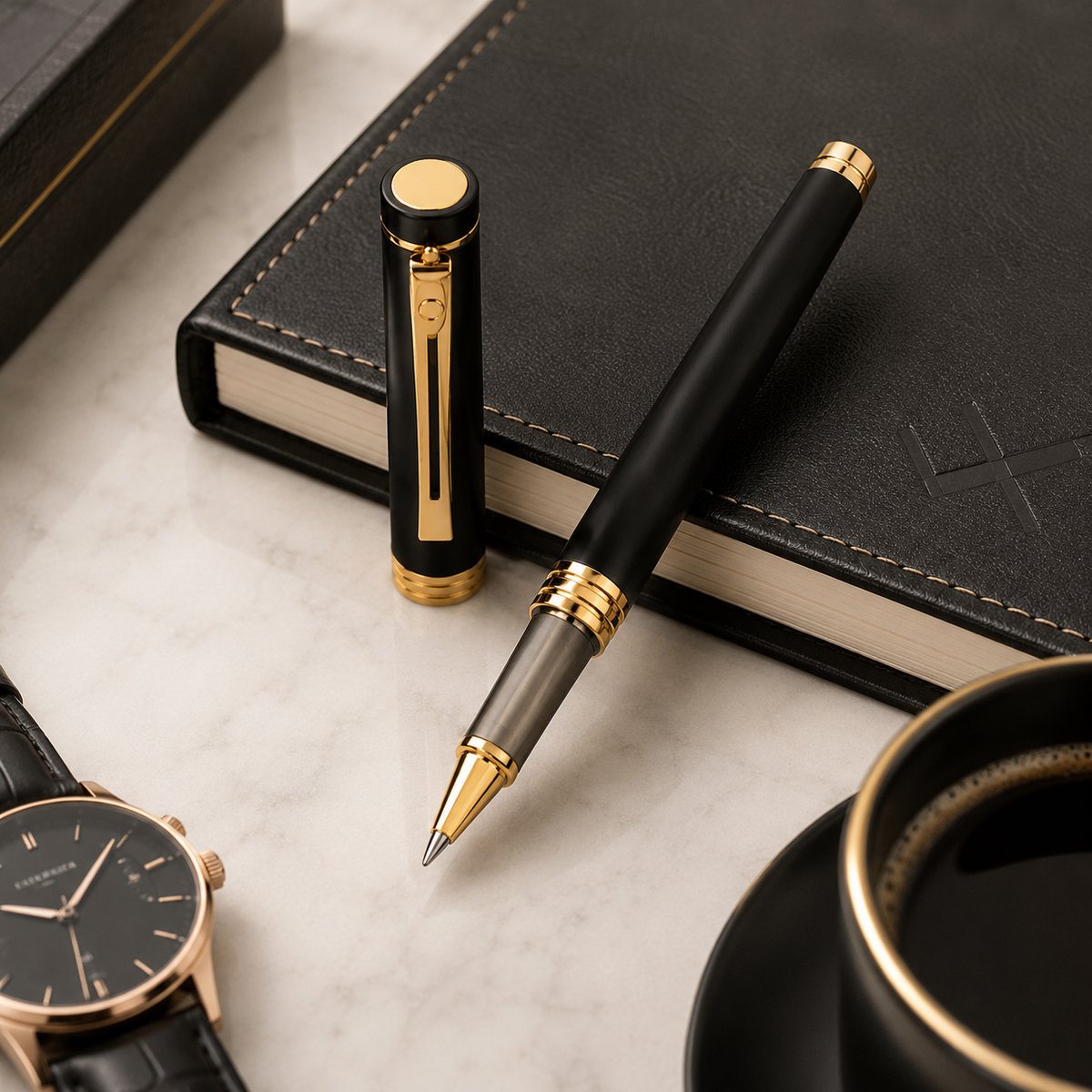 Ballpen Bazaar  Ballpen Bazaar Matt Black Ball Pen with Black Cap & Gold Clip | Openable Metal Pen | Blue Ink | 1 Pen + 1 Free Extra Refill with Name Engraving