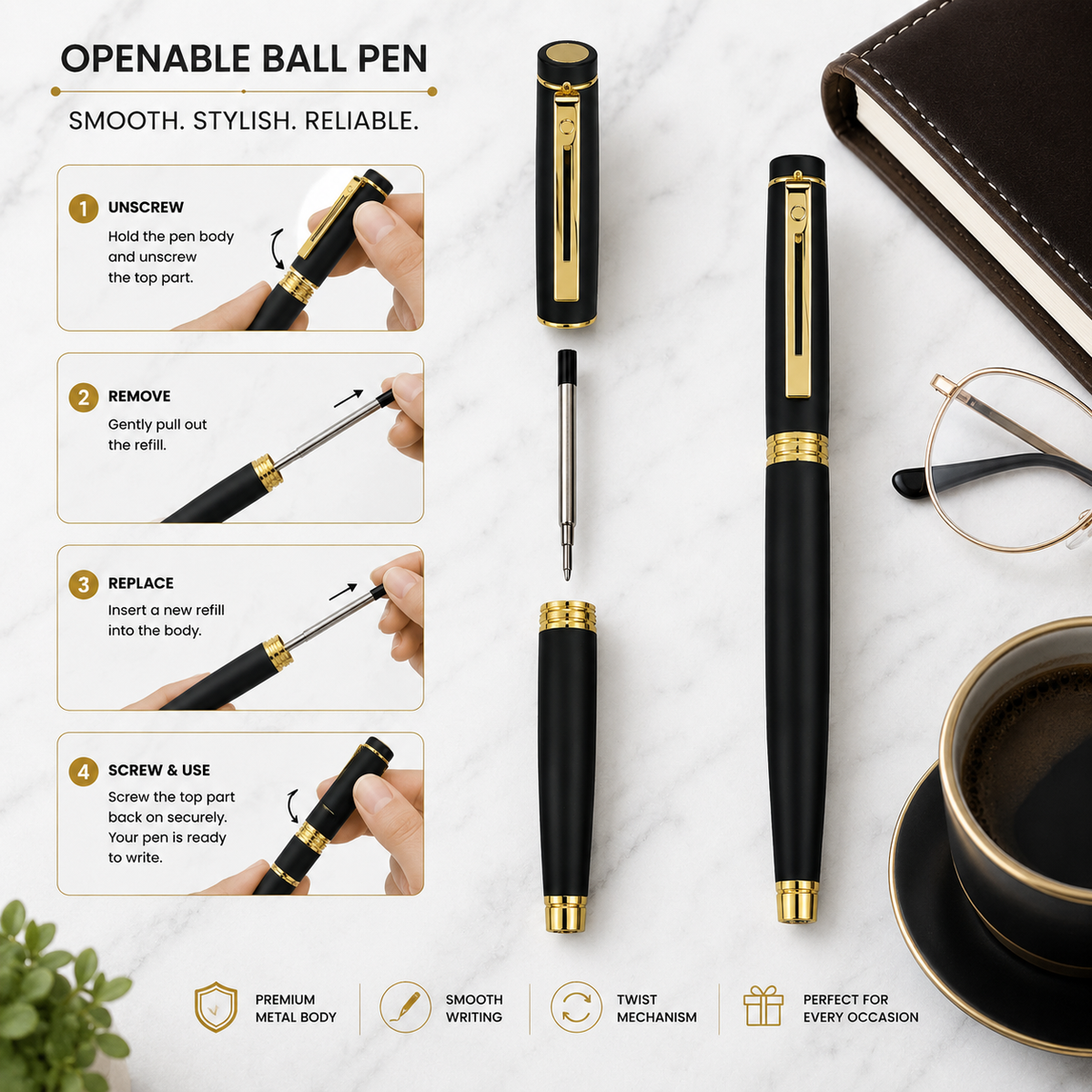 Ballpen Bazaar  Ballpen Bazaar Matt Black Ball Pen with Black Cap & Gold Clip | Openable Metal Pen | Blue Ink | 1 Pen + 1 Free Extra Refill with Name Engraving