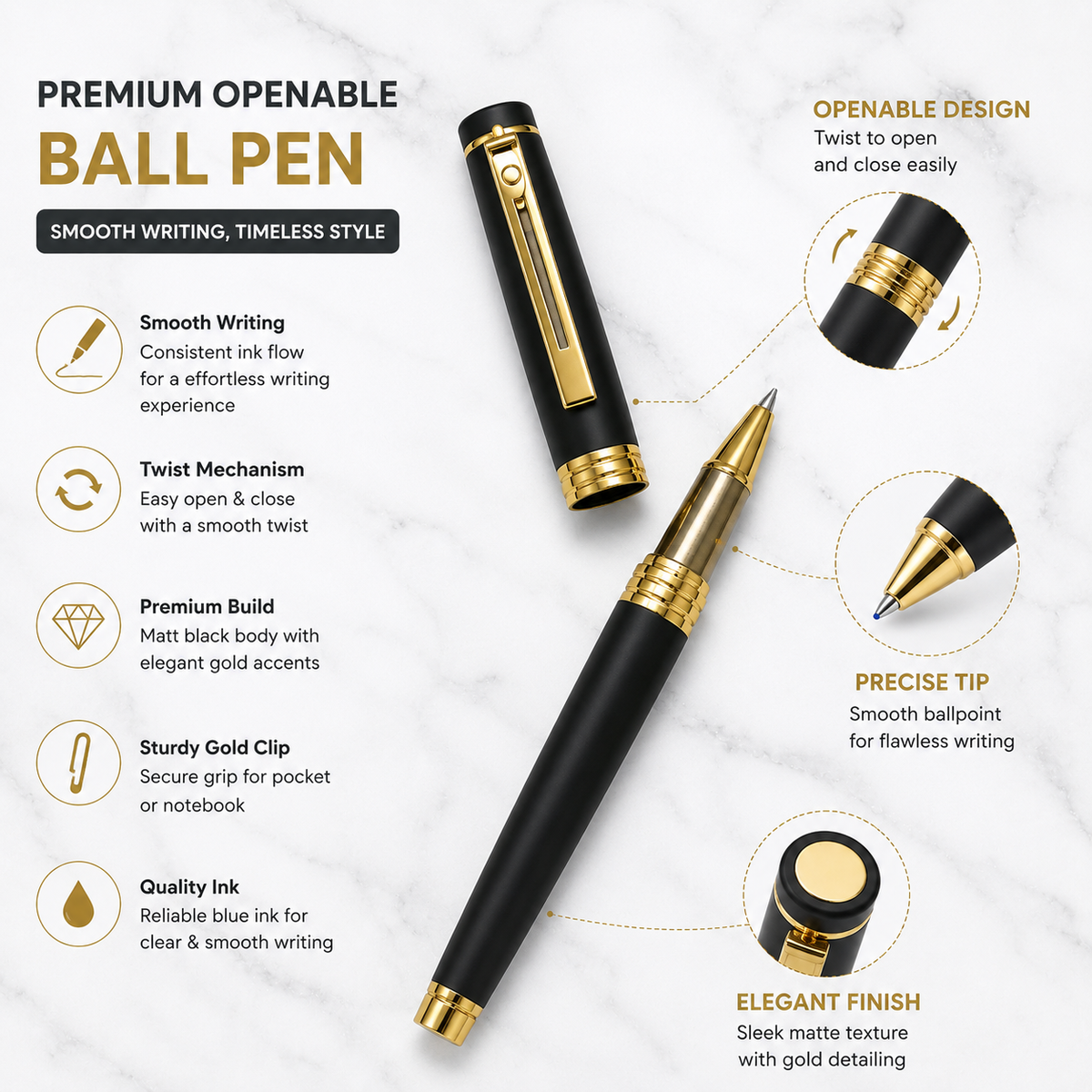 Ballpen Bazaar  Ballpen Bazaar Matt Black Ball Pen with Black Cap & Gold Clip | Openable Metal Pen | Blue Ink | 1 Pen + 1 Free Extra Refill with Name Engraving