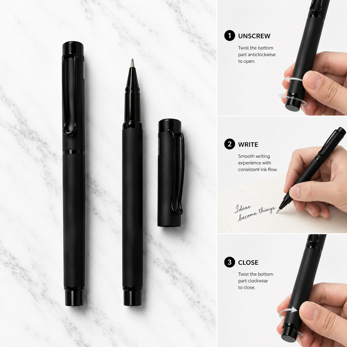 Ballpen Bazaar  Ballpen Bazaar Matt Black Ball Pen with Black Cap | Openable Mechanism | Blue Ink | Premium Metal Pen | 1 Pen with 1 Free Blue Refill with Name Engraving