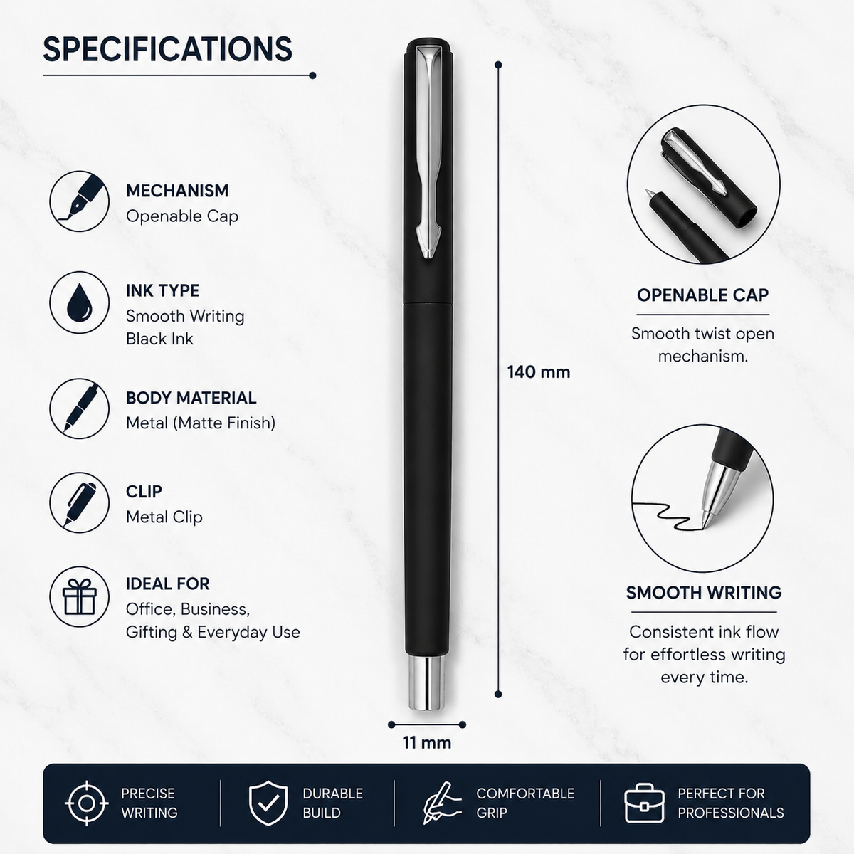 Ballpen Bazaar  Ballpen Bazaar Matt Black Ball Pen with Black Cap and Silver Clip | Openable Metal Pen | Blue Ink | 1 Pen with 1 Extra Blue Refill | Premium Writing Pen with Name Engraving