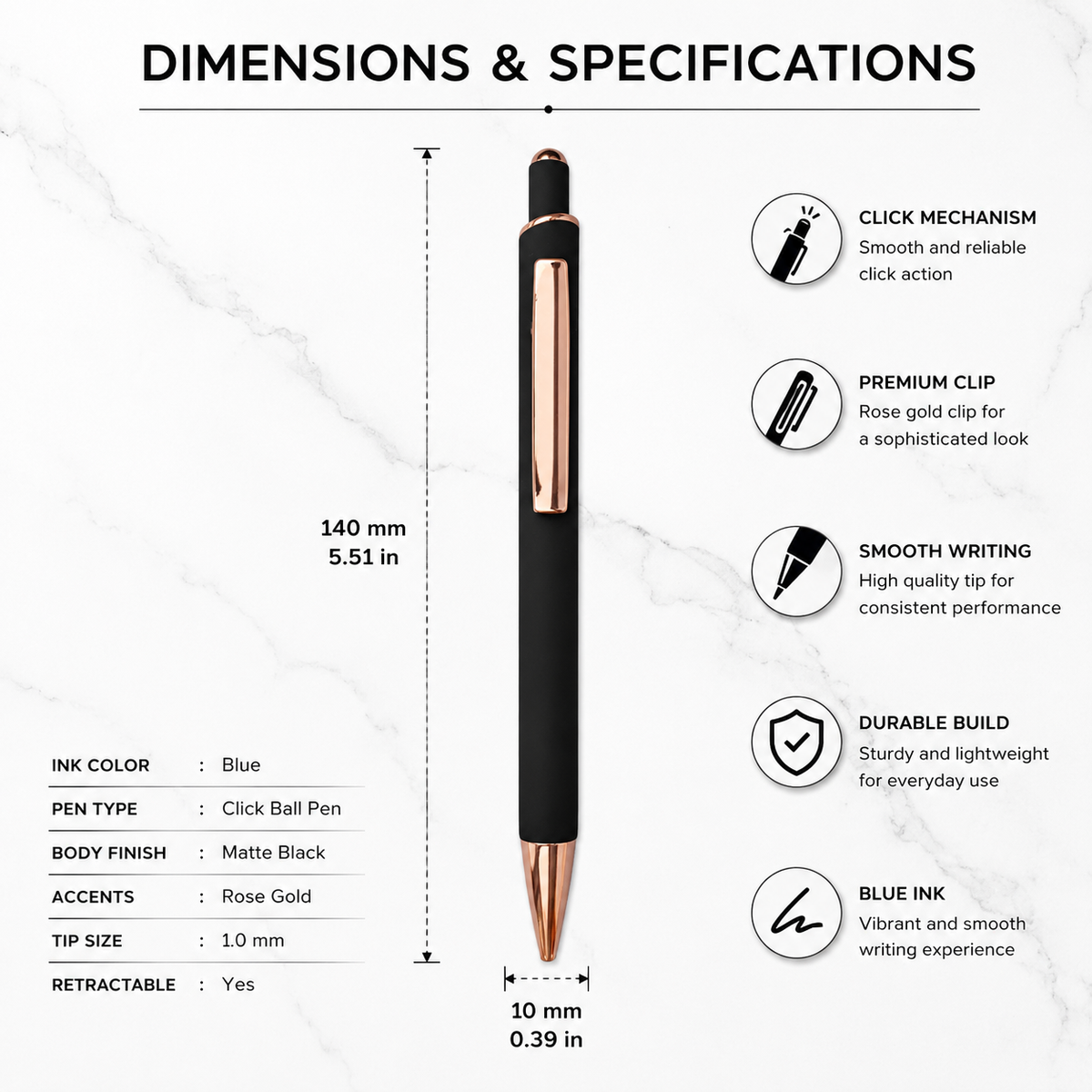 Ballpen Bazaar  Ballpen Bazaar Matt Black Ball Pen with Copper Clip | Click Mechanism | Blue Ink | Premium Metal Pen | 1 Pen with 1 Extra Blue Refill | Executive Gift Pen with Name Engraving
