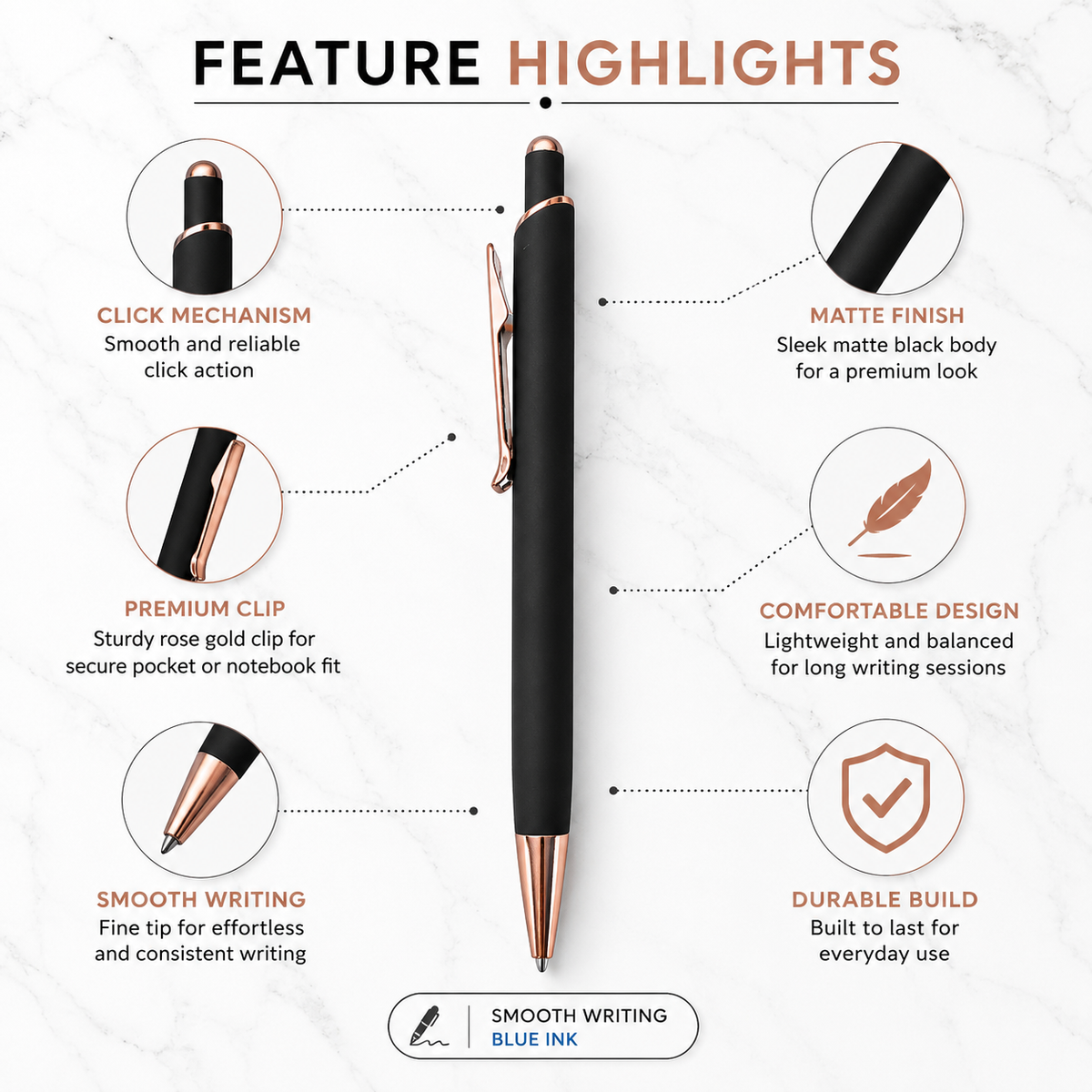 Ballpen Bazaar  Ballpen Bazaar Matt Black Ball Pen with Copper Clip | Click Mechanism | Blue Ink | Premium Metal Pen | 1 Pen with 1 Extra Blue Refill | Executive Gift Pen with Name Engraving