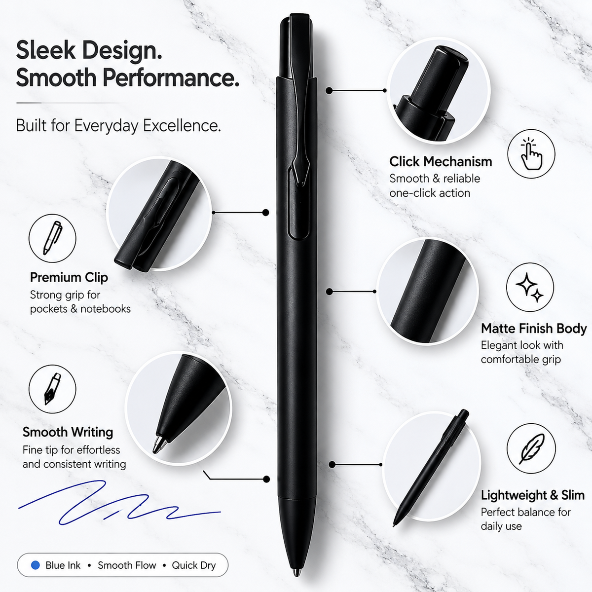 Ballpen Bazaar  Ballpen Bazaar Matt Black Ball Pen with Glossy Black Clip Click Mechanism Blue Ink | 1 Pen + 1 Extra Refill with Name Engraving