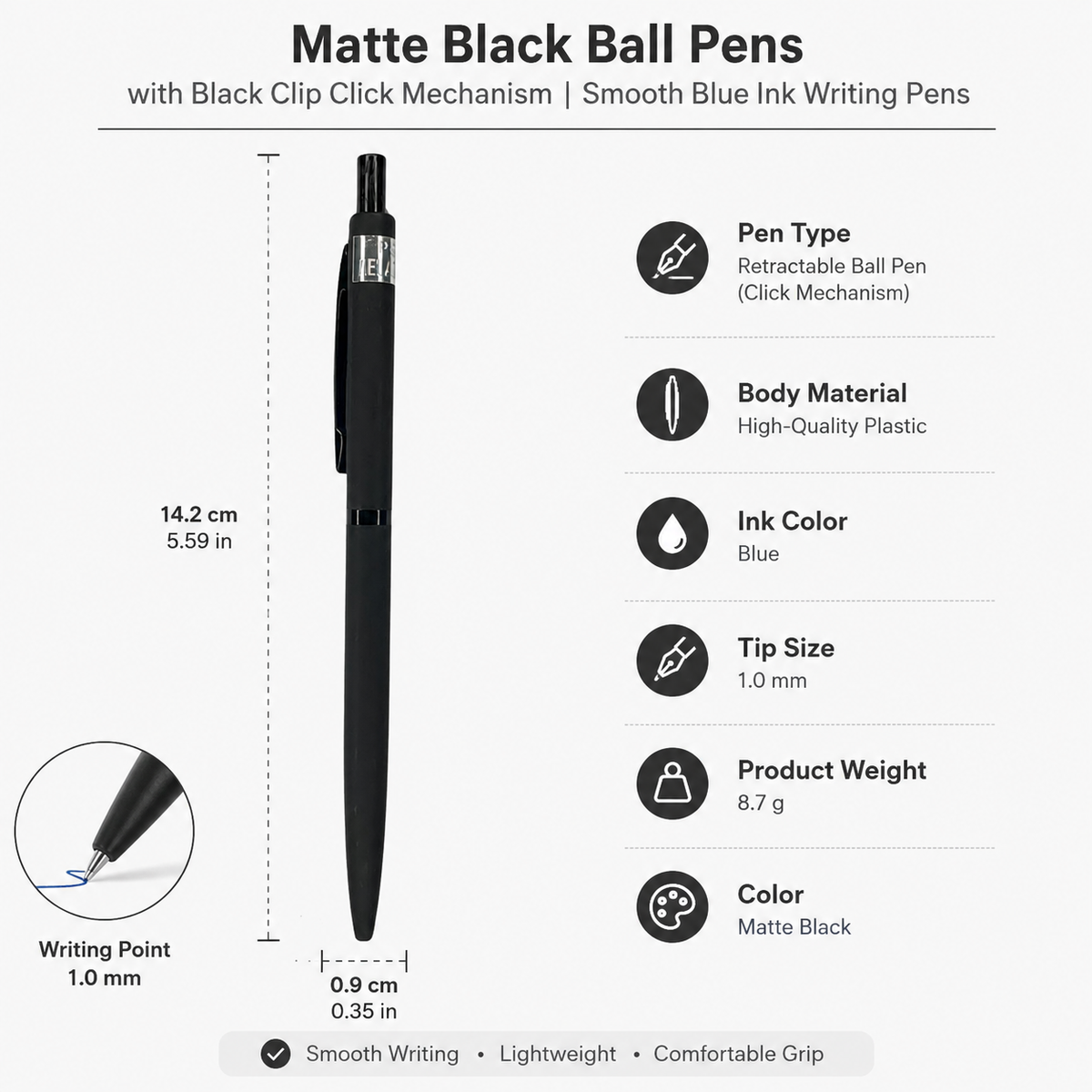 Ballpen Bazaar  Ballpen Bazaar Matt Black Ball Pen with Glossy Black Clip | Click Mechanism | Blue Ink | Premium Metal Pen | 1 Pen with 1 Extra Blue Refill | Pack of 1 with Name Engraving