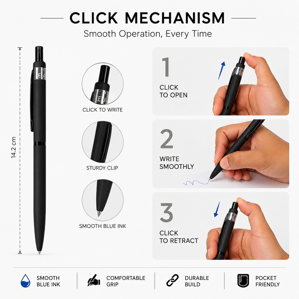 Ballpen Bazaar  Ballpen Bazaar Matt Black Ball Pen with Glossy Black Clip | Click Mechanism | Blue Ink | Premium Metal Pen | 1 Pen with 1 Extra Blue Refill | Pack of 1 with Name Engraving