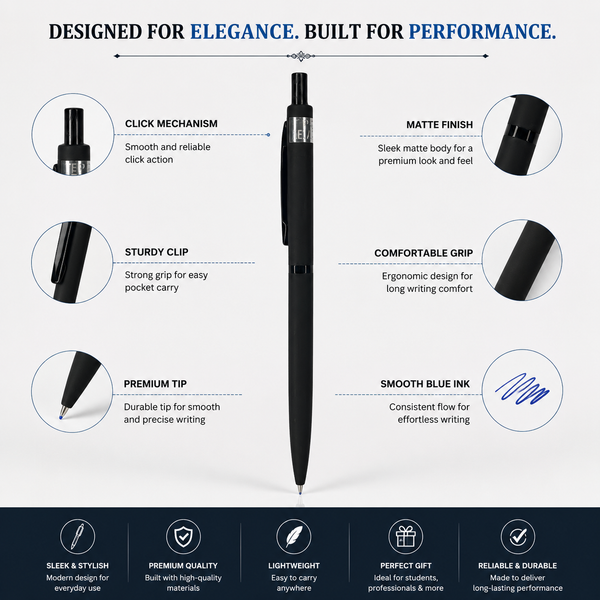 Ballpen Bazaar  Ballpen Bazaar Matt Black Ball Pen with Glossy Black Clip | Click Mechanism | Blue Ink | Premium Metal Pen | 1 Pen with 1 Extra Blue Refill | Pack of 1 with Name Engraving