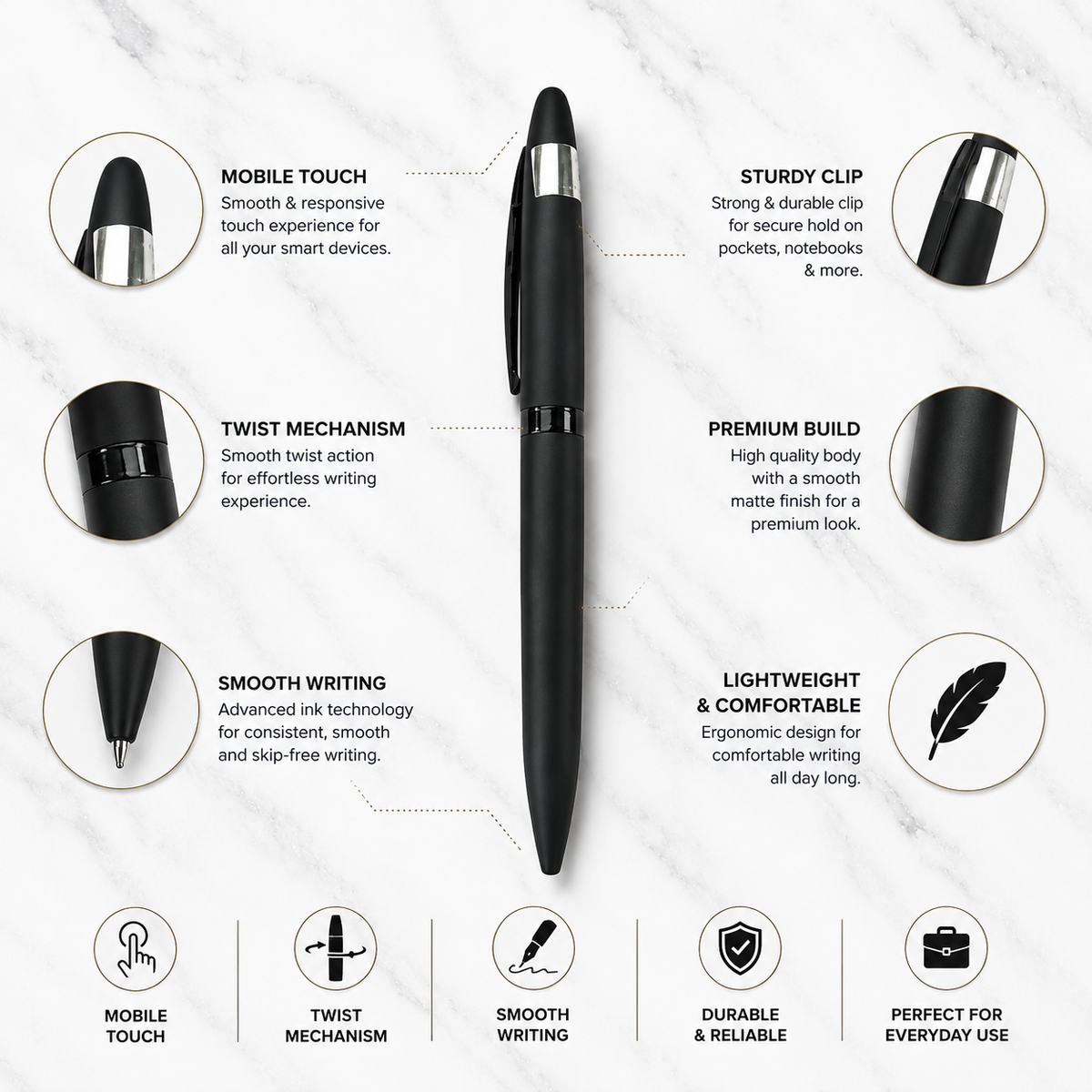 Ballpen Bazaar  Ballpen Bazaar Matt Black Ball Pen with Glossy Black Clip Twist Mechanism Blue Ink | 1 Pen + 1 Extra Refill with Name Engraving