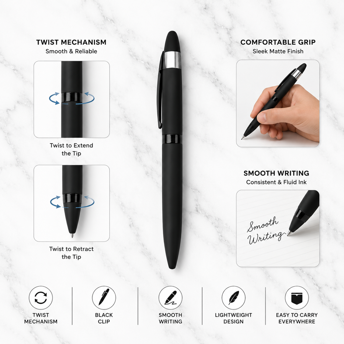 Ballpen Bazaar  Ballpen Bazaar Matt Black Ball Pen with Glossy Black Clip Twist Mechanism Blue Ink | 1 Pen + 1 Extra Refill with Name Engraving