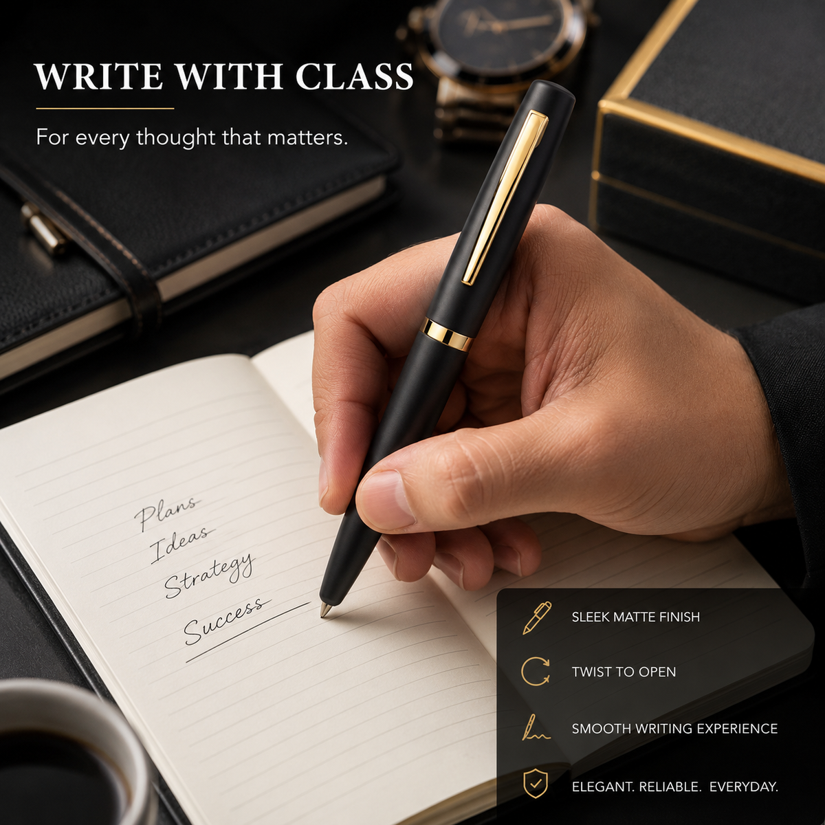 Ballpen Bazaar  Ballpen Bazaar Matt Black Ball Pen with Gold Clip | Openable Cap Metal Pen | Blue Ink | Premium Executive Writing Pen | 1 Pen with 1 Extra Free Blue Refill with Name Engraving