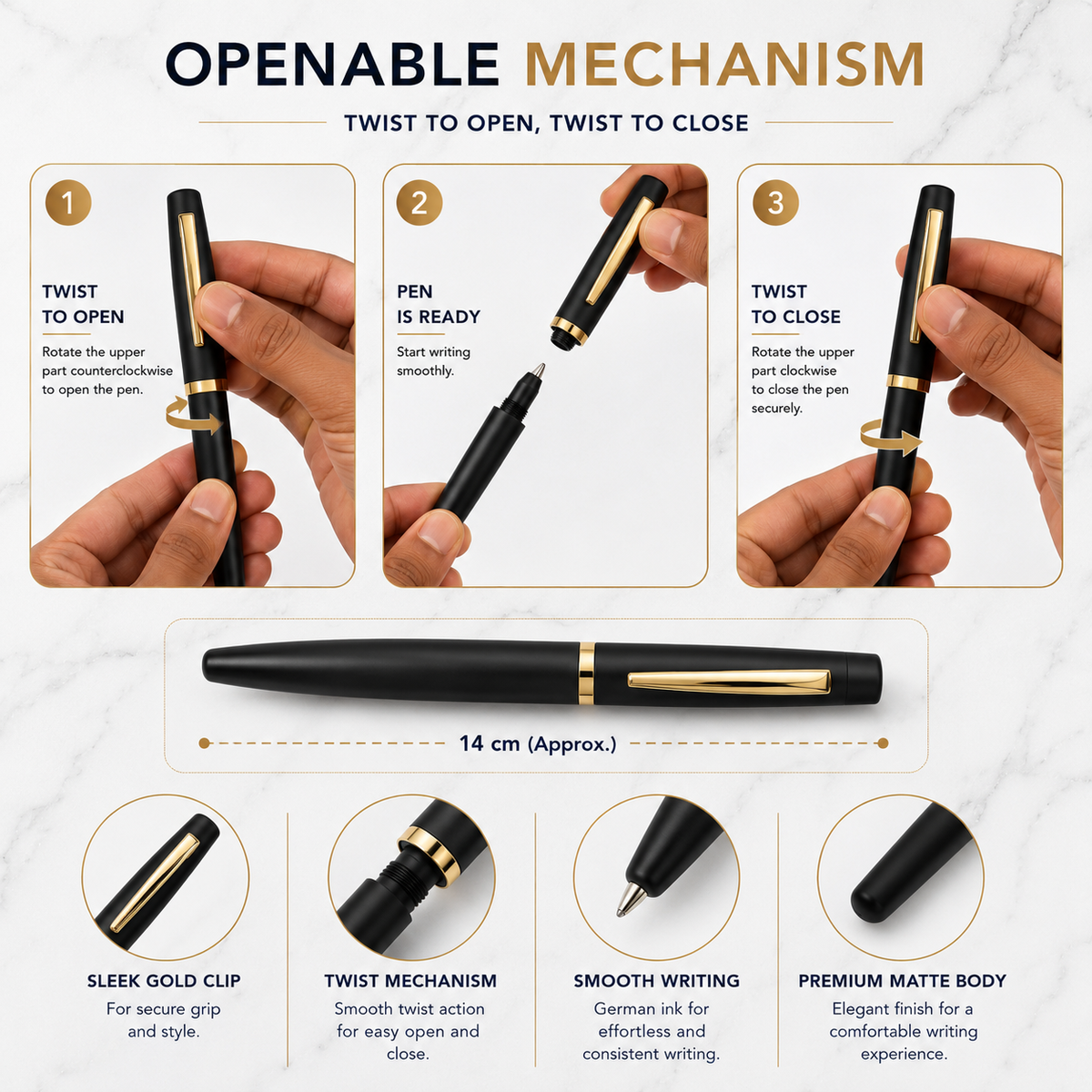 Ballpen Bazaar  Ballpen Bazaar Matt Black Ball Pen with Gold Clip | Openable Cap Metal Pen | Blue Ink | Premium Executive Writing Pen | 1 Pen with 1 Extra Free Blue Refill with Name Engraving