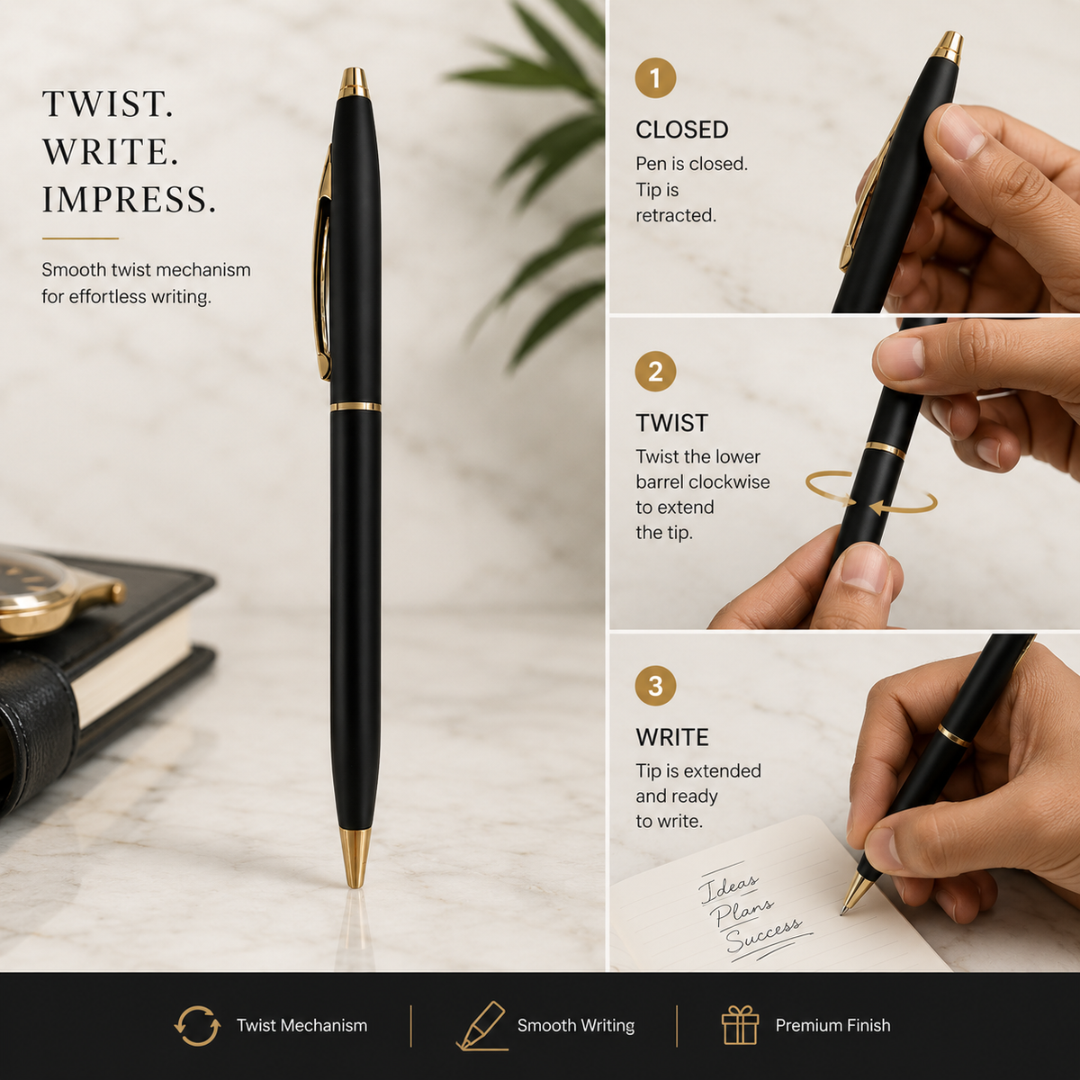 Ballpen Bazaar  Ballpen Bazaar Matt Black Ball Pen with Gold Clip Twist Mechanism Blue Ink 1 Pen with Extra Refill with Name Engraving