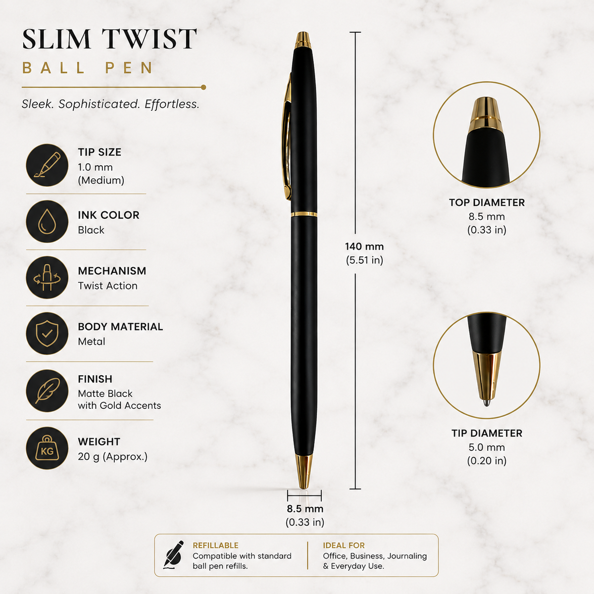 Ballpen Bazaar  Ballpen Bazaar Matt Black Ball Pen with Gold Clip Twist Mechanism Blue Ink 1 Pen with Extra Refill with Name Engraving