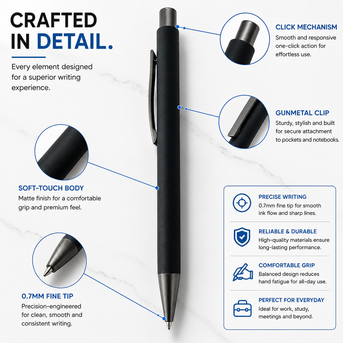 Ballpen Bazaar  Matt Black Ball Pen with Gunmetal Clip | Click | Blue Ink with Name Engraving