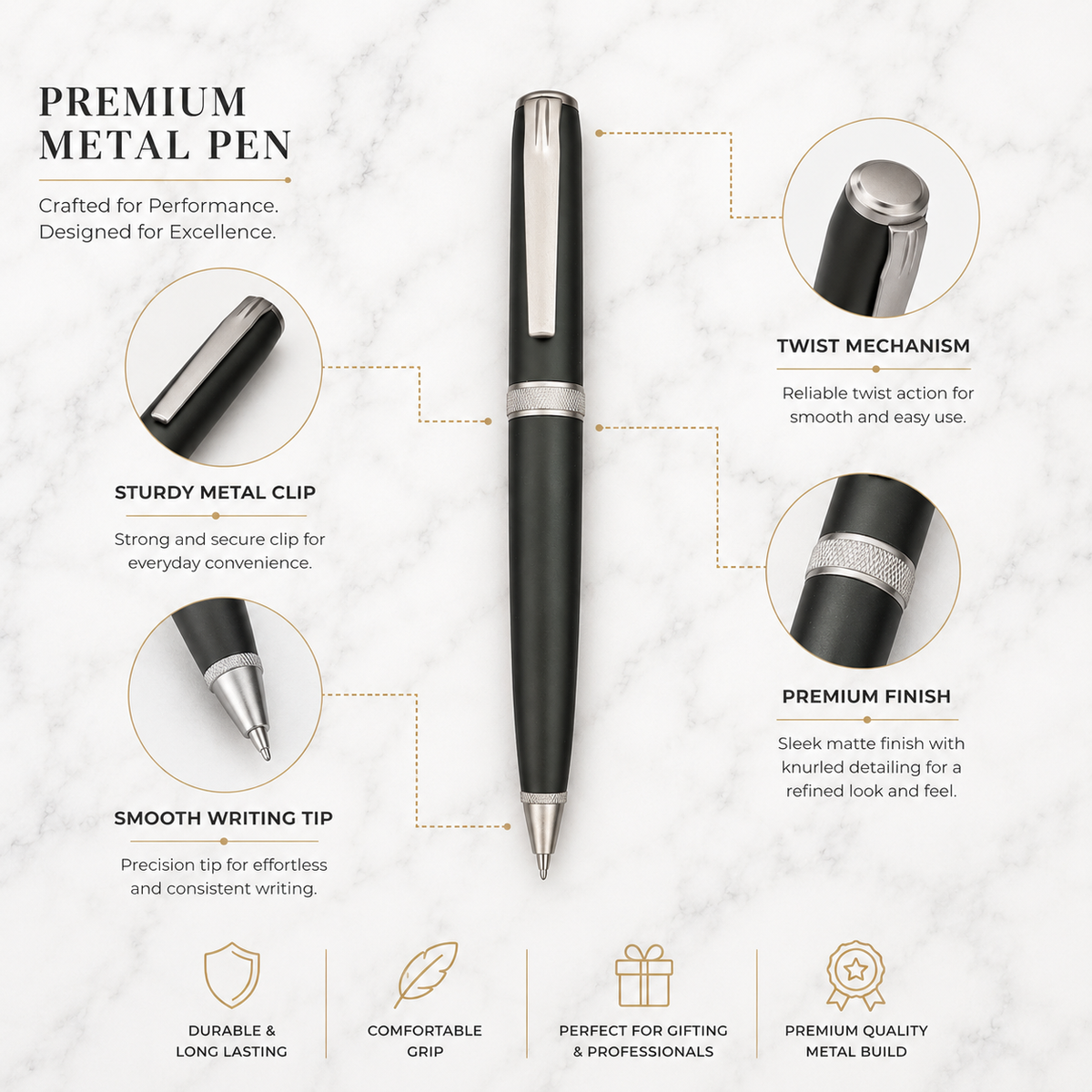 Ballpen Bazaar  Ballpen Bazaar Matt Black Ball Pen with Gunmetal Clip | Twist Mechanism | Blue Ink | Premium Metal Executive Pen | 1 Pen with 1 Extra Blue Refill | Pack of 1 with Name Engraving