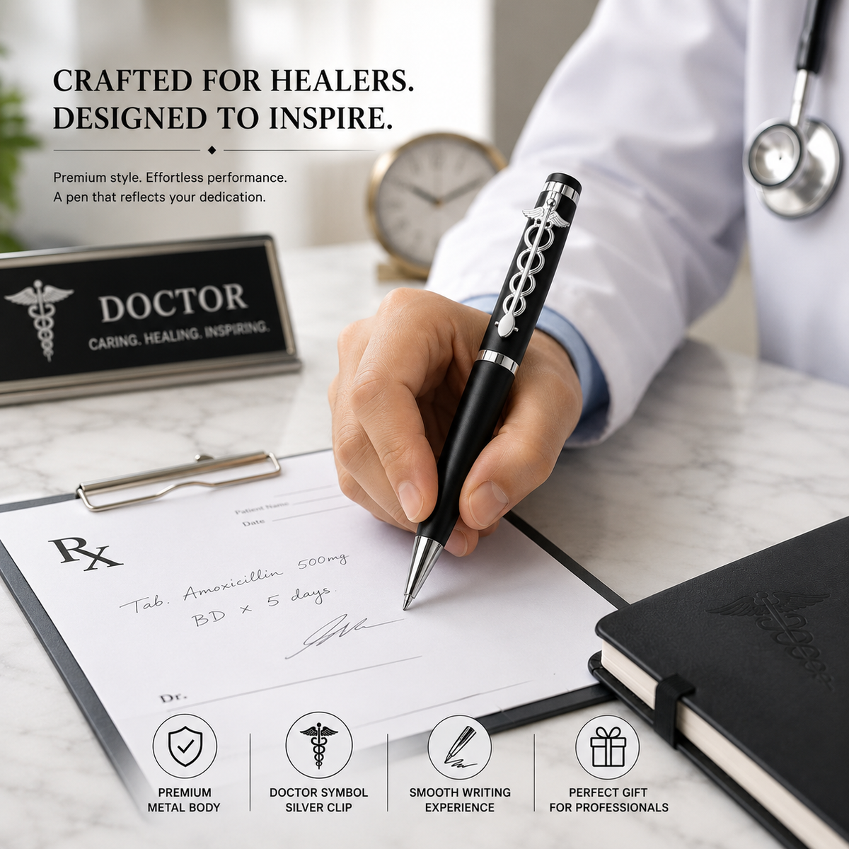 Matt black doctor symbol ball pen with silver clip, twist mechanism and black ink