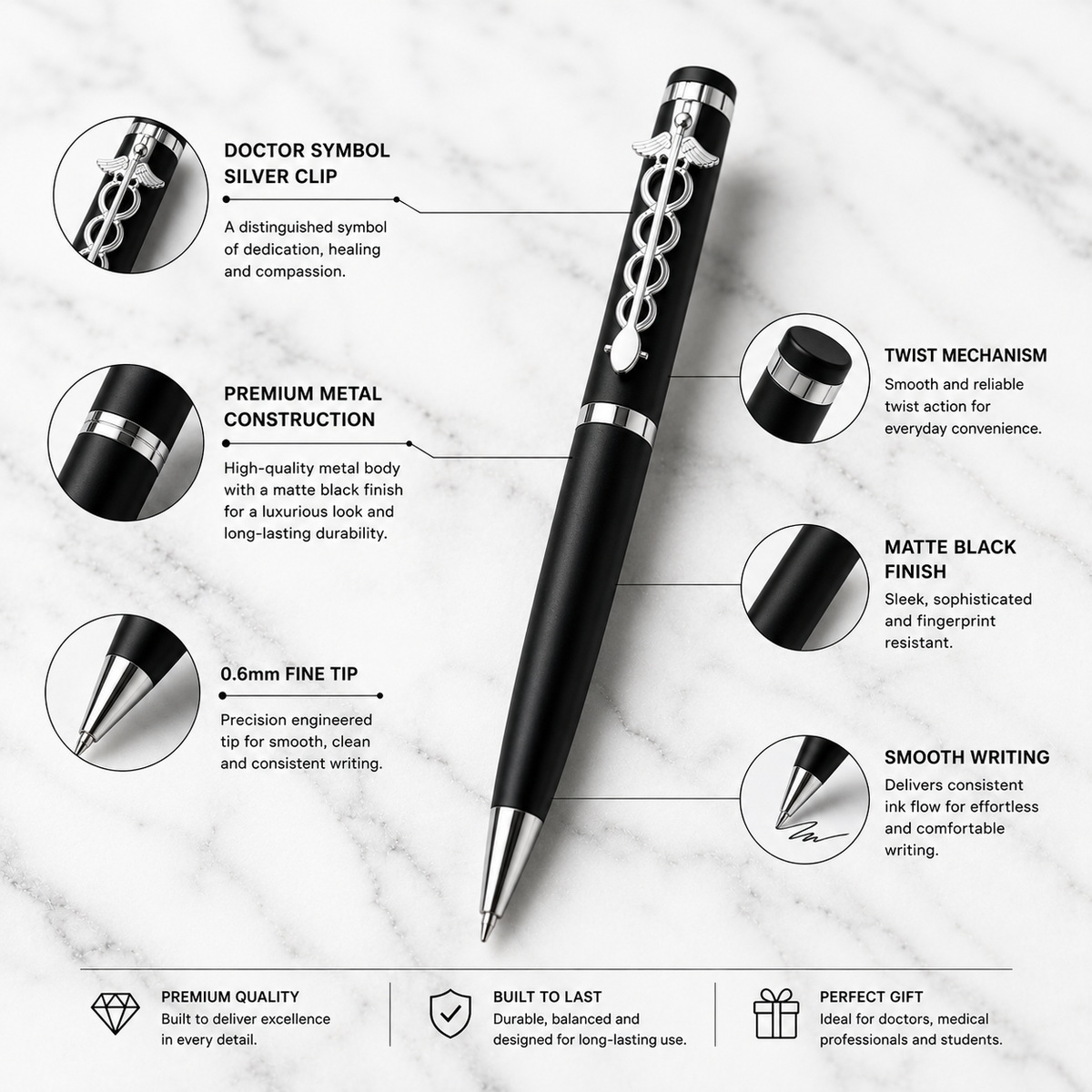 Matt black doctor symbol ball pen with silver clip, twist mechanism and black ink