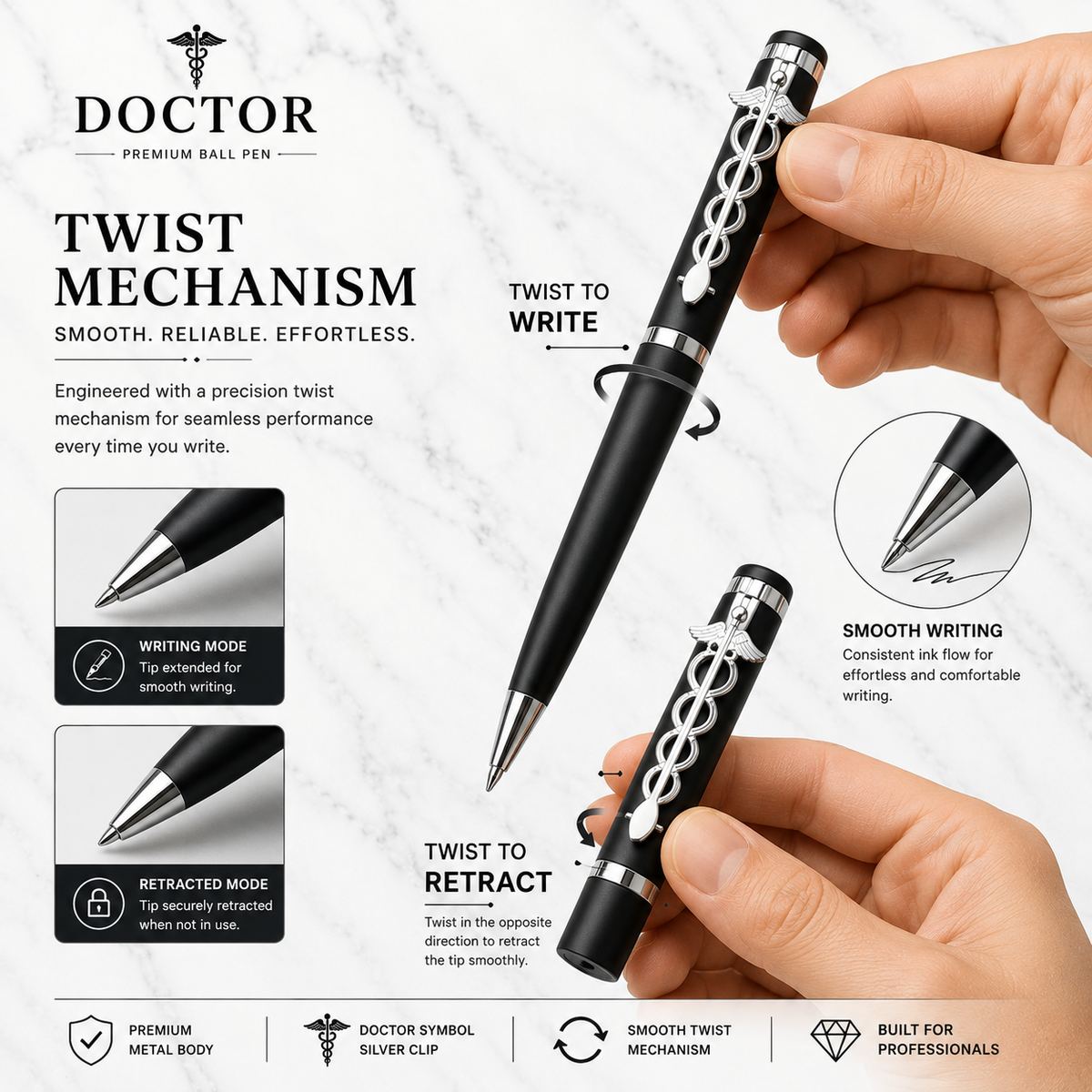 Matt black doctor symbol ball pen with silver clip, twist mechanism and black ink