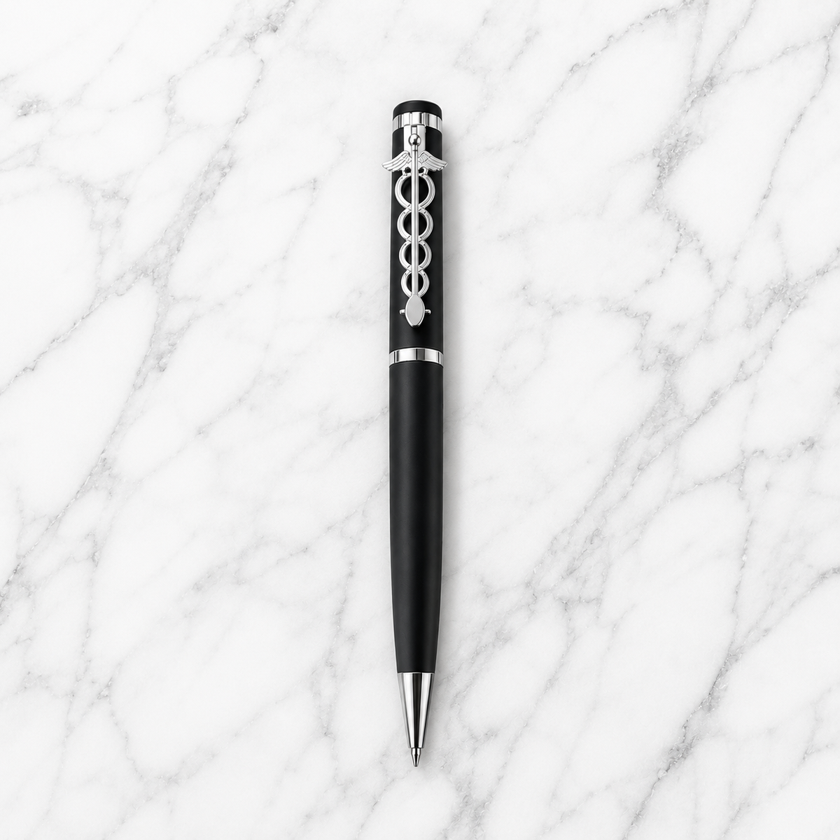 Matt black doctor symbol ball pen with silver clip, twist mechanism and black ink