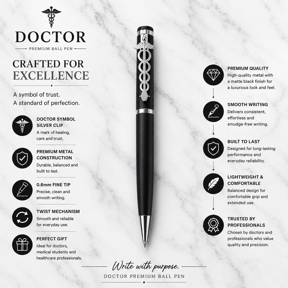 Matt black doctor symbol ball pen with silver clip, twist mechanism and black ink
