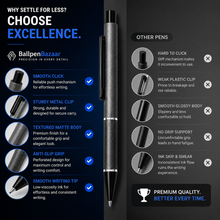 Ballpen Bazaar  Ballpen Bazaar Matt Black Designer Ball Pen with Black Grip & Black Clip | Click Mechanism | Smooth Blue Ink Writing Pen | Executive Everyday Ballpoint Pen with Name Engraving