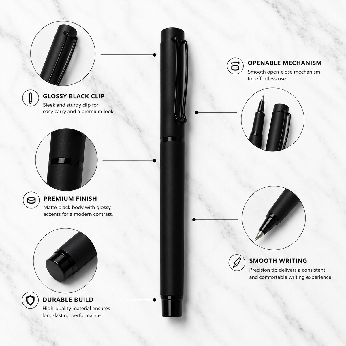 Ballpen Bazaar  Ballpen Bazaar Matt Black Metal Ball Pen with Matt Black Cap | Openable Cap Mechanism | Blue Ink | 1 Free Refill | Executive Writing Pen | 1 Pc with Name Engraving