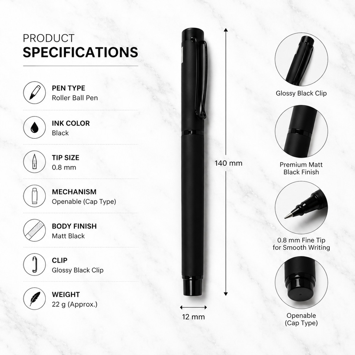 Ballpen Bazaar  Ballpen Bazaar Matt Black Metal Ball Pen with Matt Black Cap | Openable Cap Mechanism | Blue Ink | 1 Free Refill | Executive Writing Pen | 1 Pc with Name Engraving