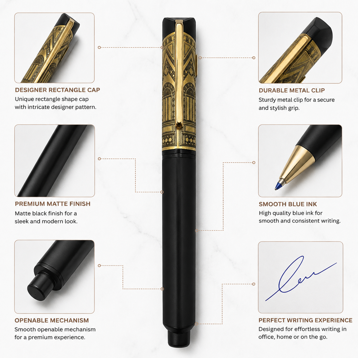 Ballpen Bazaar  Ballpen Bazaar Matt Black Rectangle Metal Ball Pen with Engraved Black Cap & Gold Clip | Openable Mechanism | Blue Ink | 1 Pen with 1 Extra Refill with Name Engraving