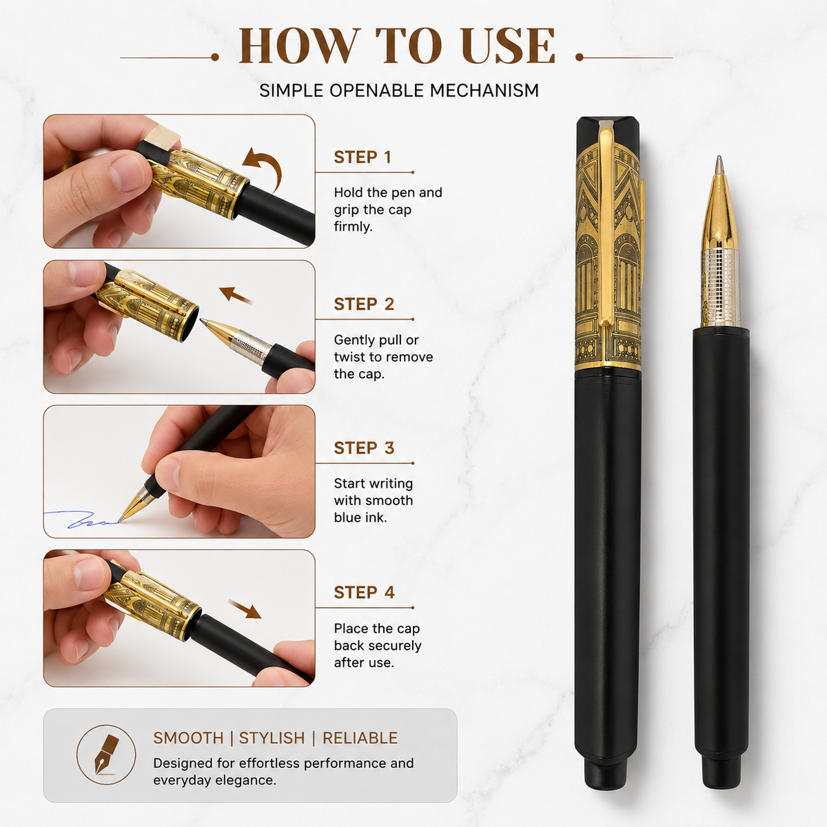 Ballpen Bazaar  Ballpen Bazaar Matt Black Rectangle Metal Ball Pen with Engraved Black Cap & Gold Clip | Openable Mechanism | Blue Ink | 1 Pen with 1 Extra Refill with Name Engraving