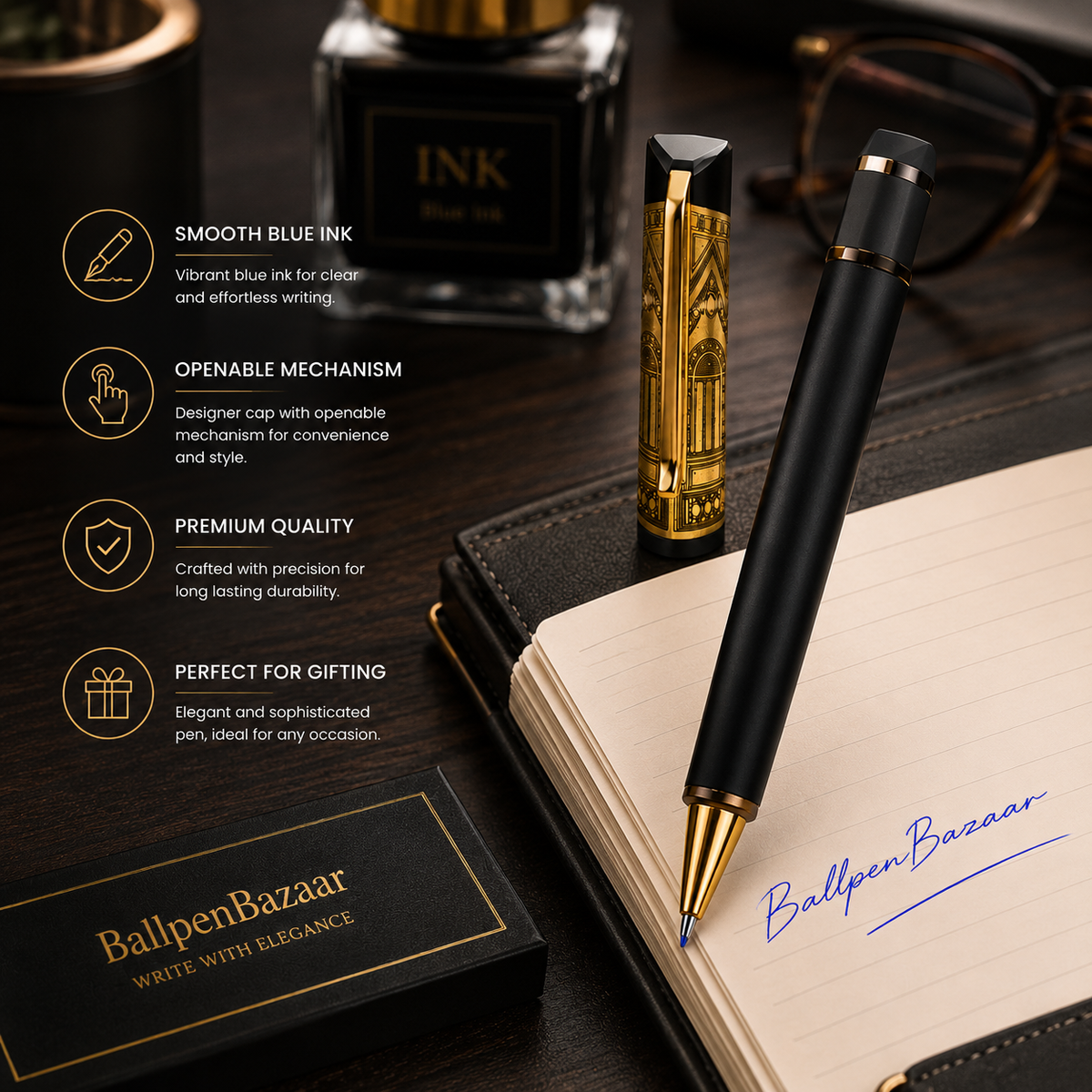 Ballpen Bazaar  Ballpen Bazaar Matt Black Rectangle Metal Ball Pen with Engraved Black Cap & Gold Clip | Openable Mechanism | Blue Ink | 1 Pen with 1 Extra Refill with Name Engraving
