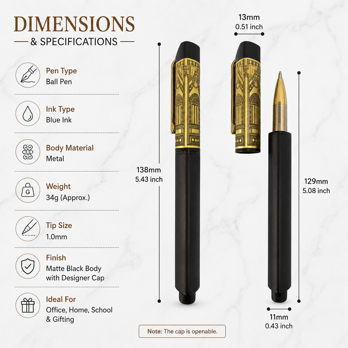 Ballpen Bazaar  Ballpen Bazaar Matt Black Rectangle Metal Ball Pen with Engraved Black Cap & Gold Clip | Openable Mechanism | Blue Ink | 1 Pen with 1 Extra Refill with Name Engraving