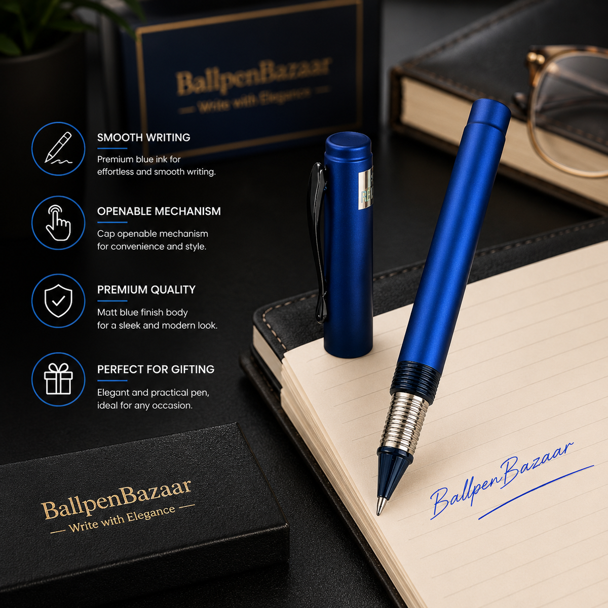 Ballpen Bazaar  Ballpen Bazaar Matt Blue Ball Pen with Blue Cap & Glossy Blue Clip | Openable Metal Pen | Black Ink | 1 Pen with 1 Extra Refill | Premium Writing Pen with Name Engraving