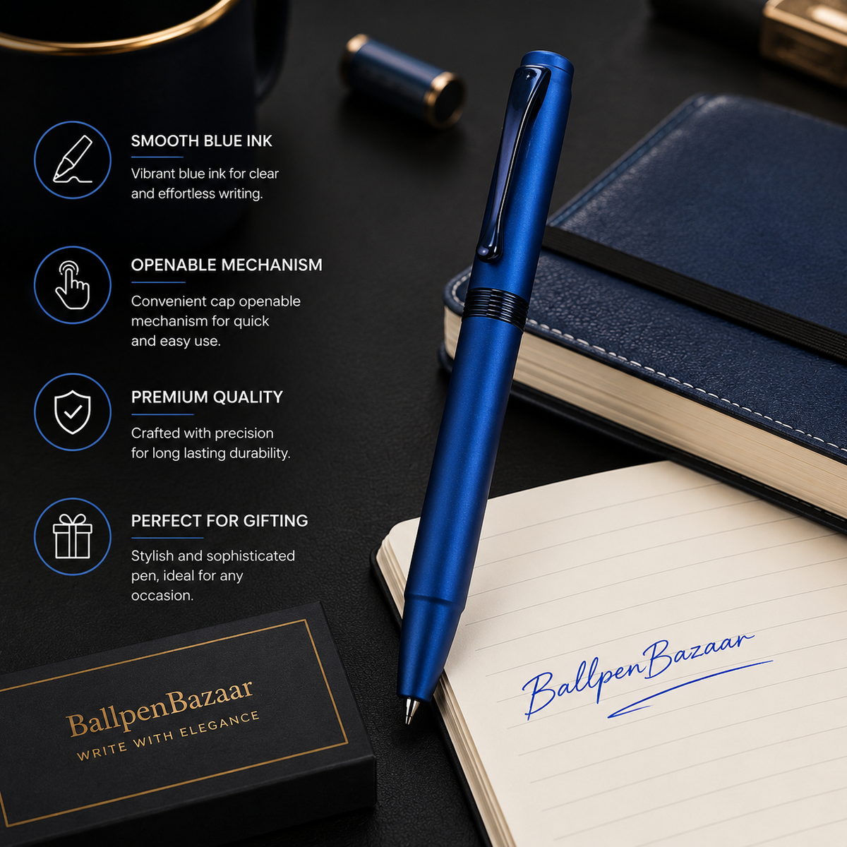 Ballpen Bazaar  Ballpen Bazaar Matt Blue Ball Pen with Blue Cap & Glossy Blue Clip | Openable Metal Pen | Blue Ink | 1 Pen with 1 Free Blue Refill with Name Engraving