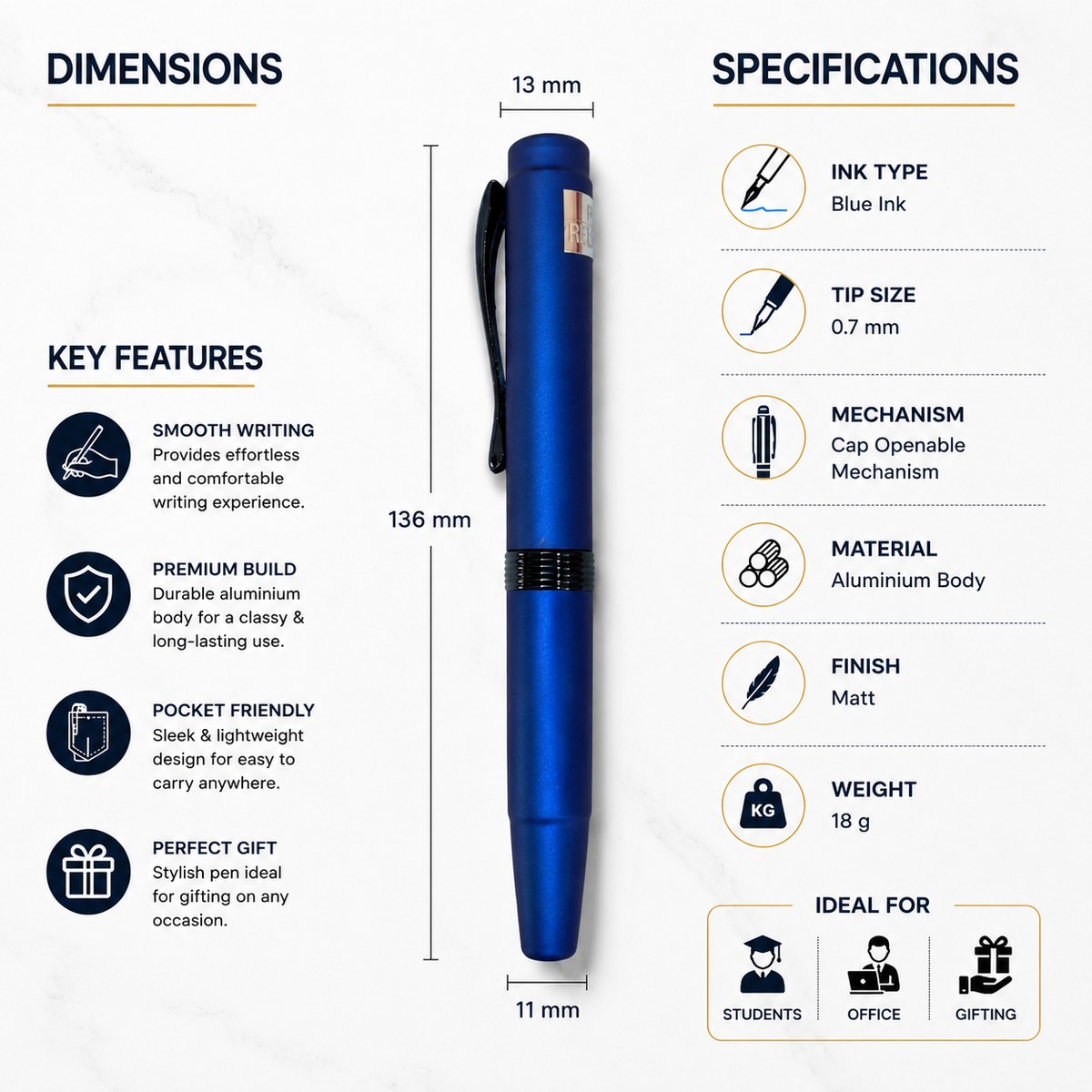 Ballpen Bazaar  Ballpen Bazaar Matt Blue Ball Pen with Blue Cap & Glossy Blue Clip | Openable Metal Pen | Blue Ink | 1 Pen with 1 Free Blue Refill with Name Engraving