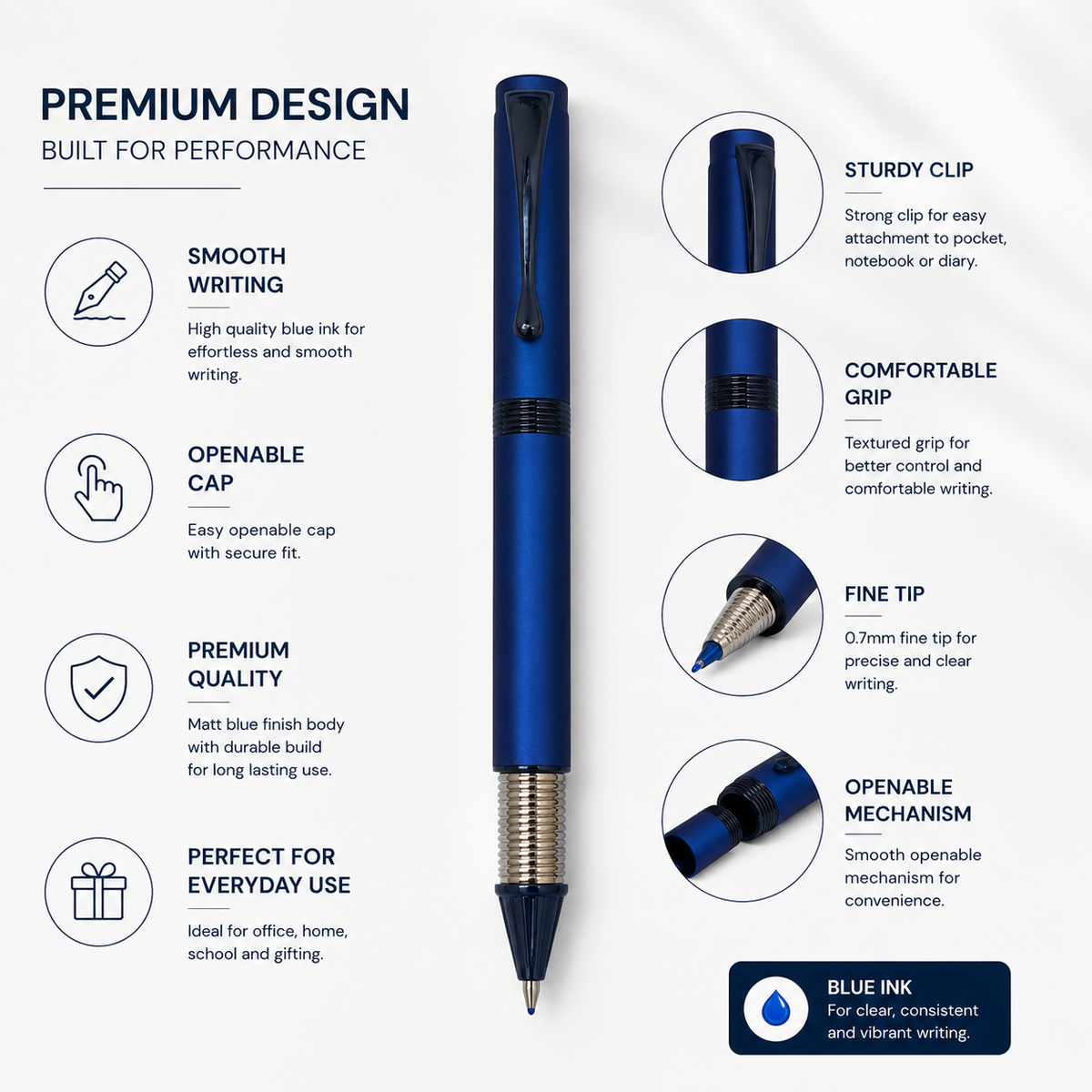Ballpen Bazaar  Ballpen Bazaar Matt Blue Ball Pen with Blue Cap & Glossy Blue Clip | Openable Metal Pen | Blue Ink | 1 Pen with 1 Free Blue Refill with Name Engraving