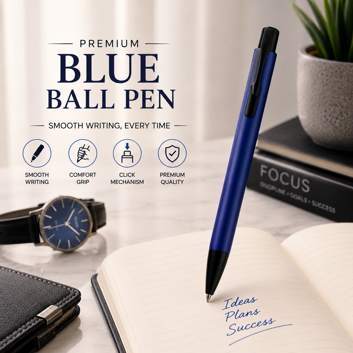 Ballpen Bazaar  Ballpen Bazaar Matt Blue Colour Body with Black Colour Clip Click Mechanism Ball Pen with 1 Extra Blue Refill | Smooth Blue Ink | 1 Pc with Name Engraving